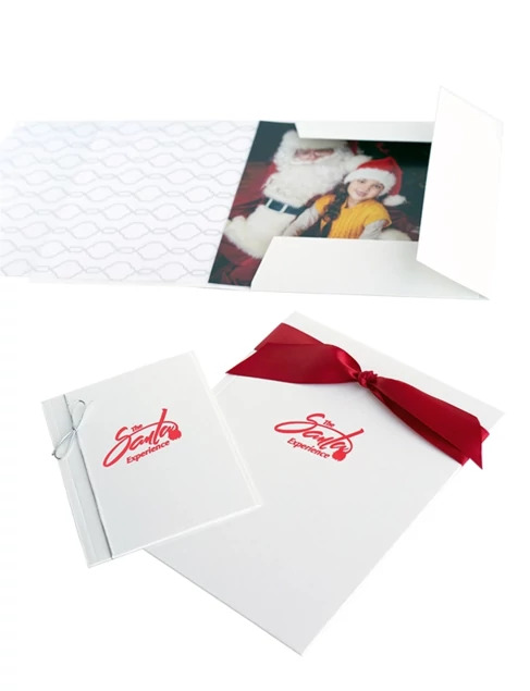 Tyndell White Photo Case with foil imprinted studio logo showing customization on linen finish white case