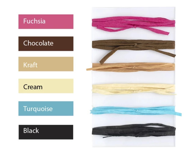 Fuchsia, Chocolate/Brown, Kraft, Cream, Turquoise, Black Tyndell Raffia ribbon 5mm.