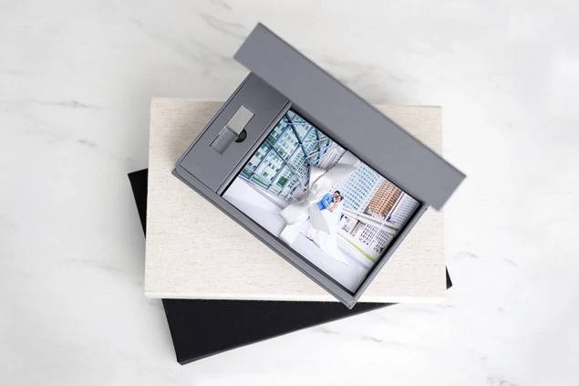 Black, Slate Gray, Linen Tyndell Fabric Flash Drive USB & Print Box 5x7, 8x10.