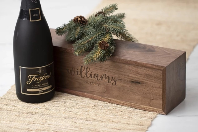 Walnut Tyndell Wood Wine Box with sliding lid with logo engraving.