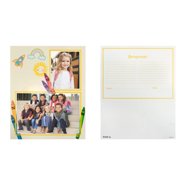 Crayon Memory Mate shown front and back flat displaying class photo opening and autograph area