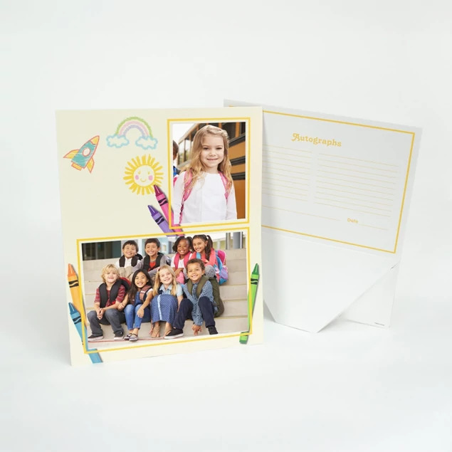 Crayon Memory Mate propped up showing class photo in colorful crayon design with pop-out easel