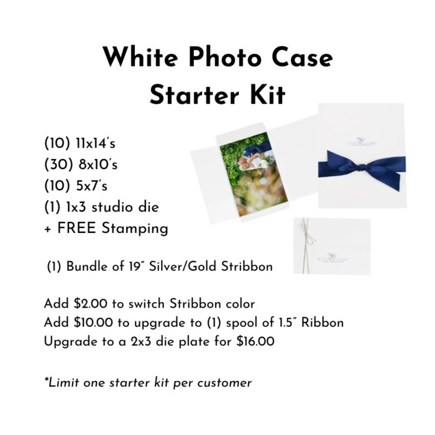 White Tyndell Photo Case Starter Kit 5x7, 8x10, 11x14 with 19" stribbon or ribbon.