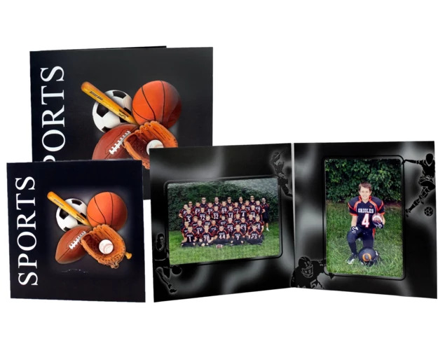 Pro Sports Series Folders in 10x8 5x7 and 7x5 5x7 showing multi-color sports design with black border and bottom-loading design