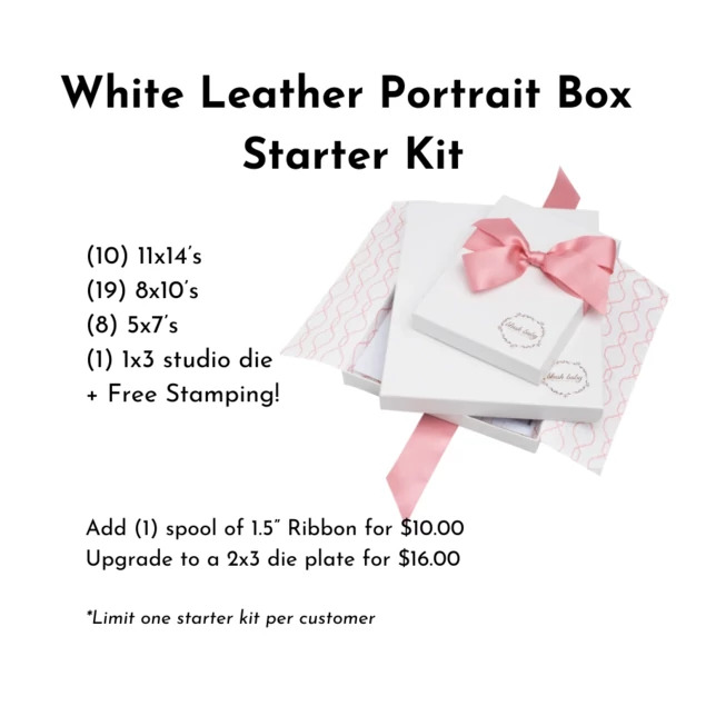 White Leather Tyndell 1" Portrait Box Starter Kit 5x7, 8x10, 11x14 with ribbon.