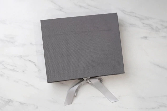 Slate Tyndell Fabric Portfolio Box with satin ribbon 8x10, 11x14 horizontal/vertical.