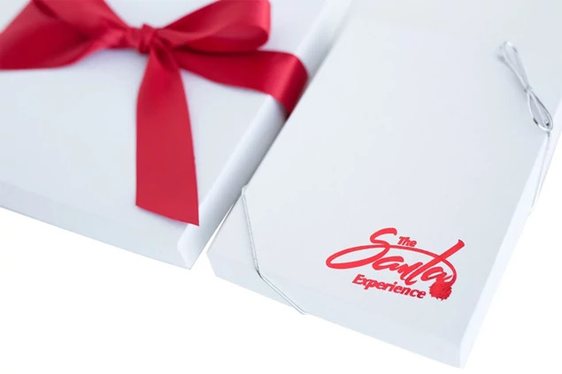 Tyndell White 1 inch Portrait Box showing coated textured white finish with foil imprinted studio logo customization