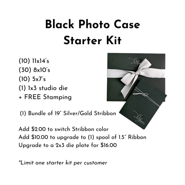 Black Tyndell Photo Case Starter Kit 5x7, 8x10, 11x14 with 19" stribbon or ribbon.