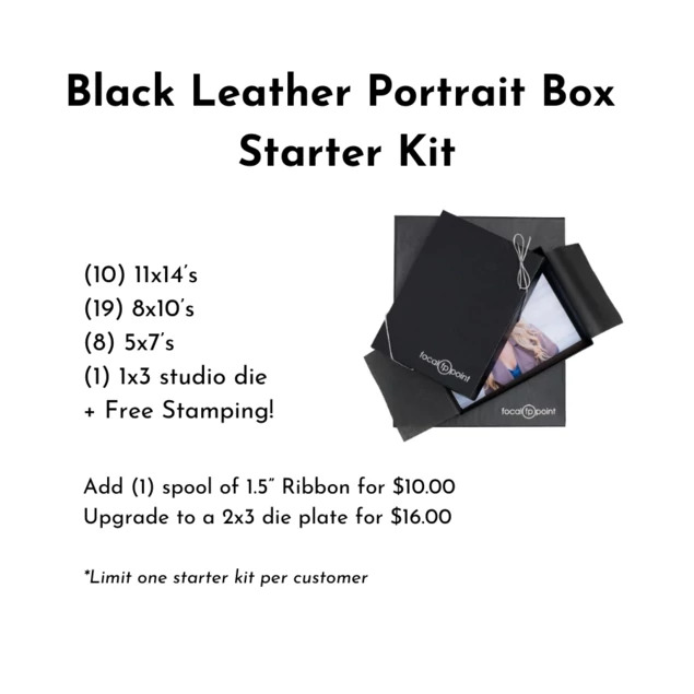 Black Leather Tyndell 1" Portrait Box Starter Kit 5x7, 8x10, 11x14 with ribbon.