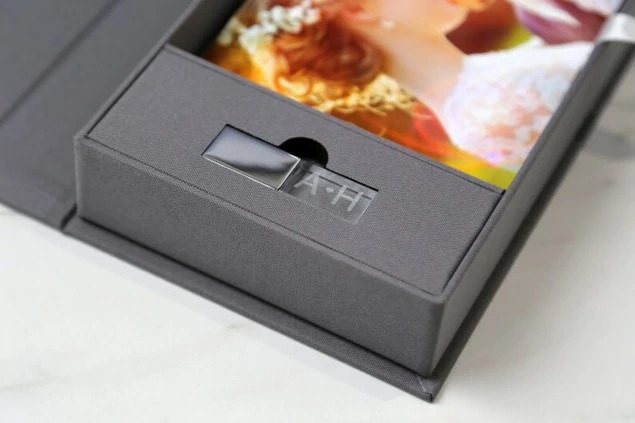 Slate Fabric Flash and Print Box closed showing fabric wrapped exterior and hinged lid design