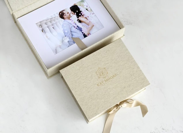 Linen Tyndell Fabric Portfolio Box 8x10, 11x14 with satin ribbon closure.