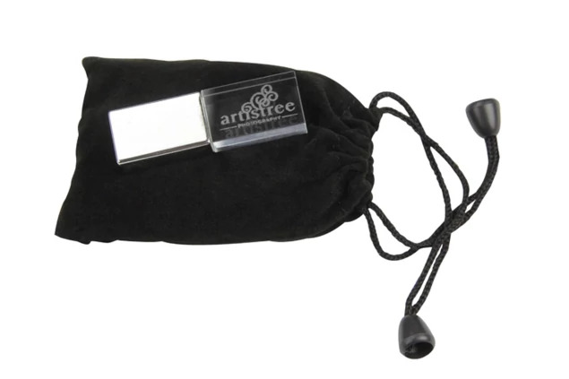 Black velvet drawstring Tyndell Fabric USB Bag
