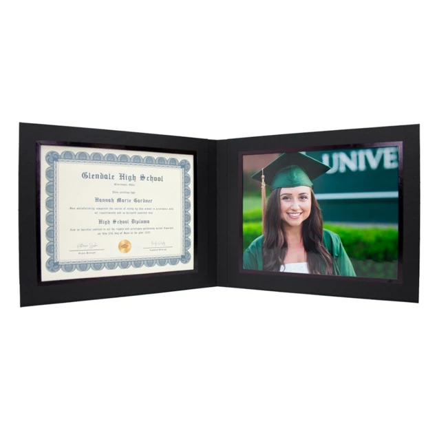 Black Grad Folder with black foil border holding two 10x8 horizontal prints or certificates