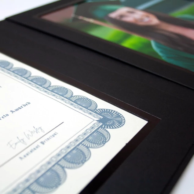 Black Grad Folder with black foil border holding two 10x8 horizontal prints or certificates