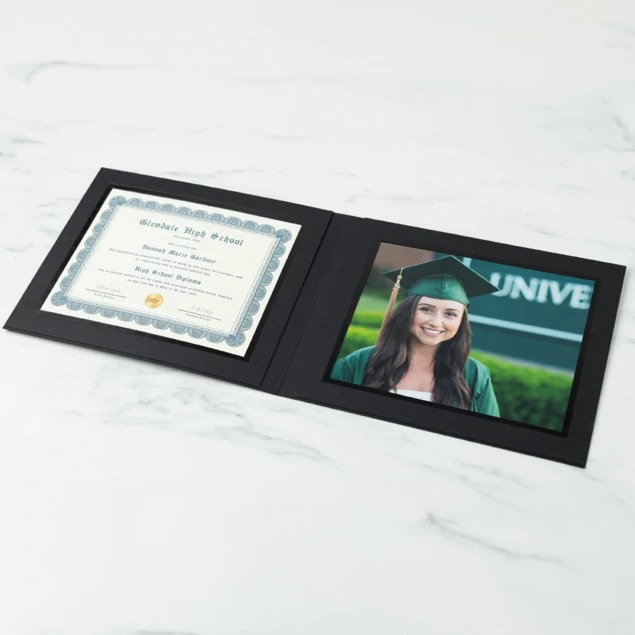 Black Grad Folder with black foil border holding two 10x8 horizontal prints or certificates