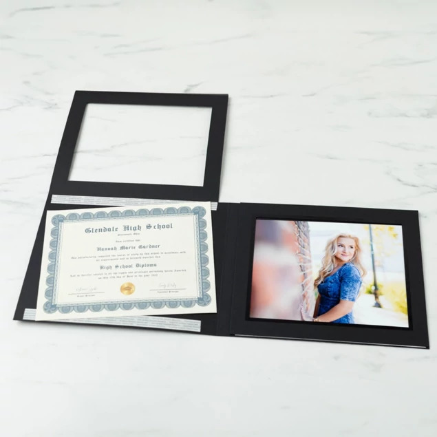 Black Grad Folder with black foil border holding two 10x8 horizontal prints or certificates