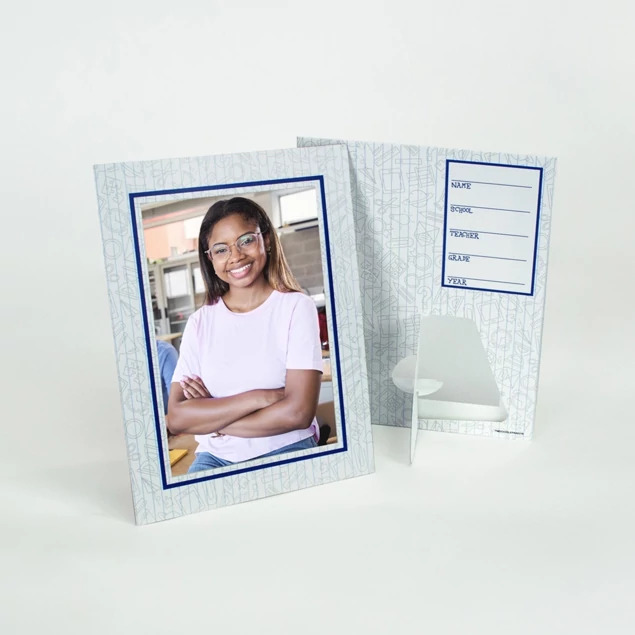My Class Panel Mount standing upright on dual easel showing vertical display with school photo inside