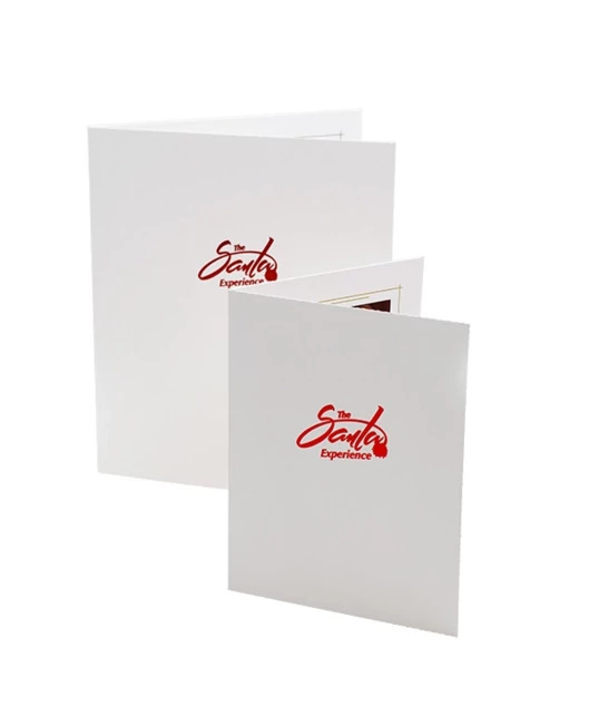T-40 White Portrait Folder showing bottom-loading design with thumb tab and deckled edge detail on white matte uncoated board