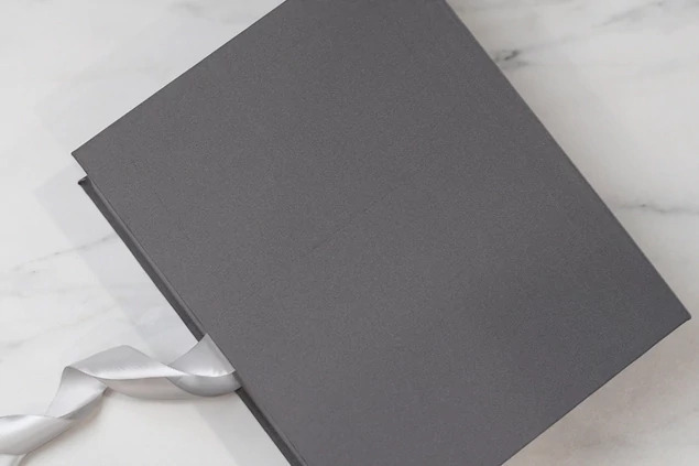 Slate Tyndell Fabric Portfolio Box with satin ribbon 8x10, 11x14 horizontal/vertical.