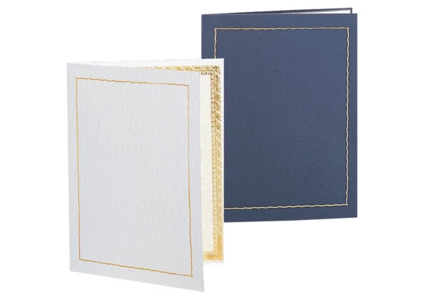 Side loading slip in White Gold and Blue Gold award and recognition folder for 8.5x11.