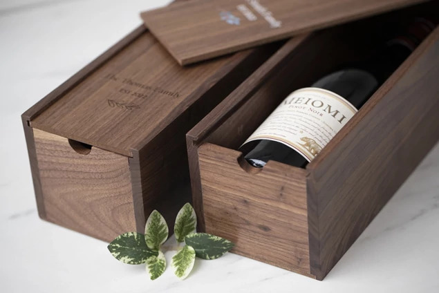 Walnut Tyndell Wood Wine Box with sliding lid with full color printing or engraving.